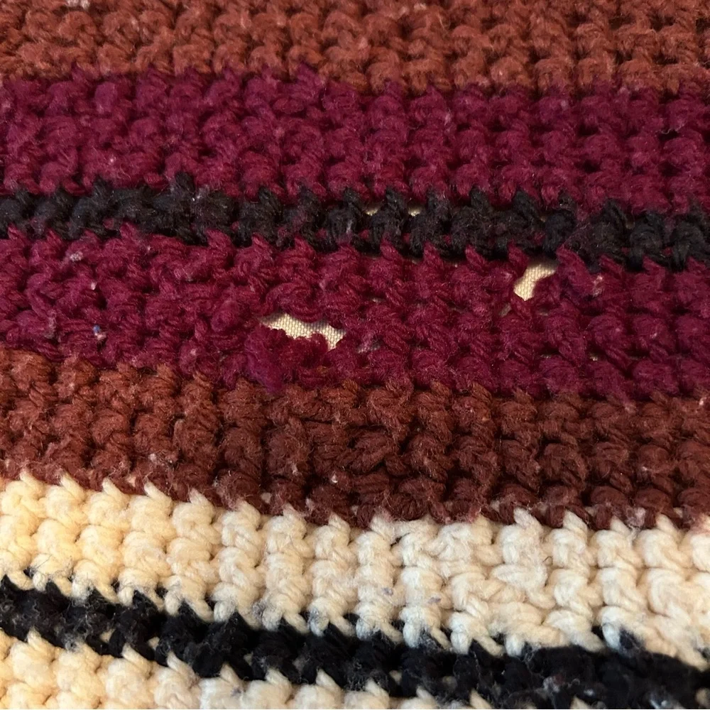 Vintage Crochet Brown Cream Stripe Handmade Blanket Throw Afghan with fringe